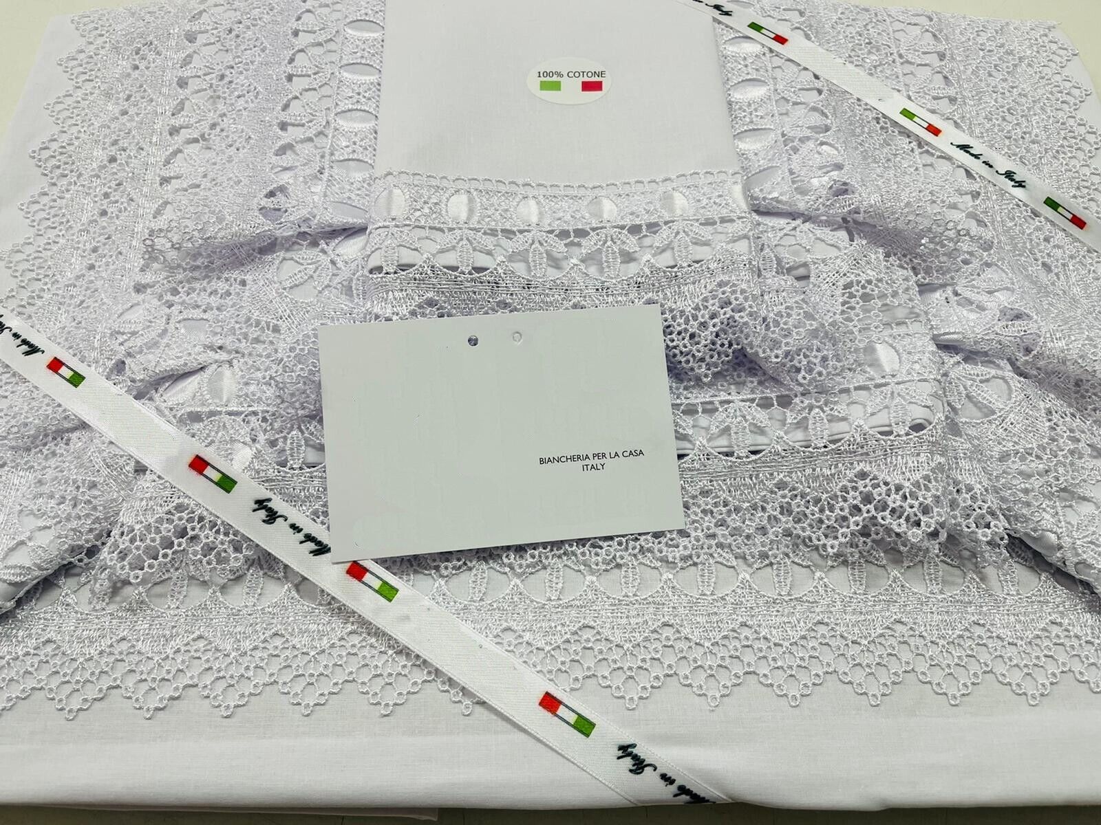 Completo Lenzuola Puro Cotone con pizzo Qualita\' Extra Bianco 1 e 2 Posti