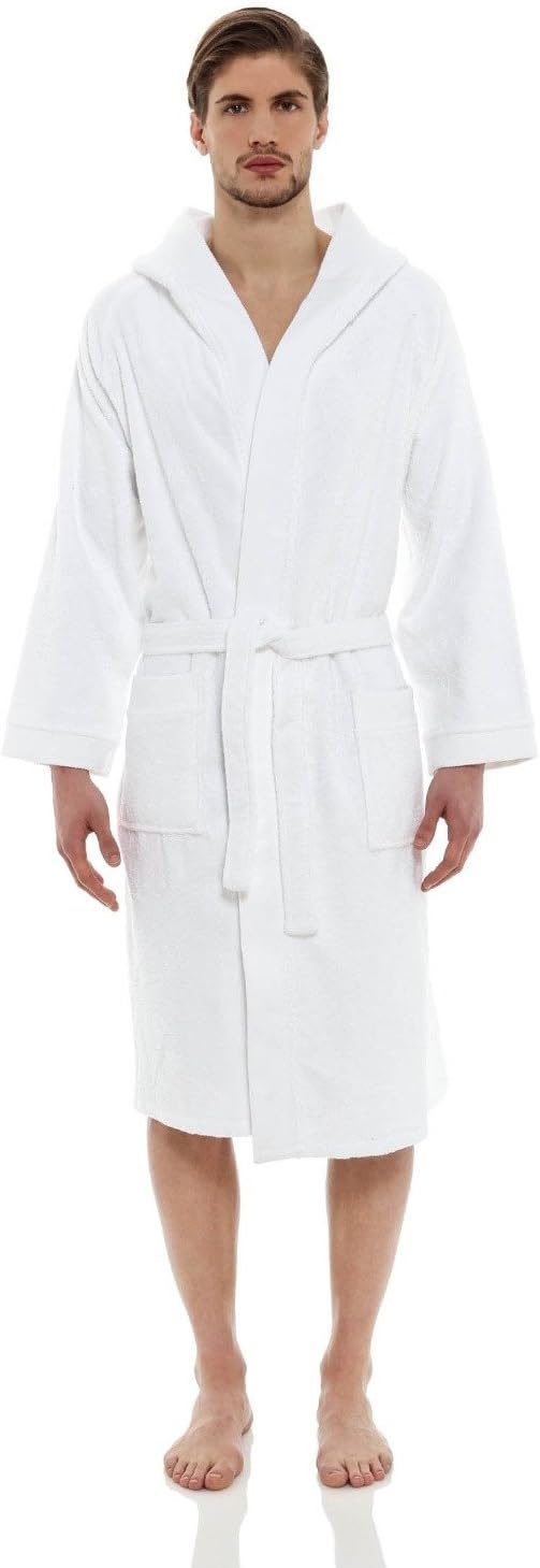 Accappatoio Spugna Puro Cotone con Cappuccio Tasche Bianco Morbido Assorbente