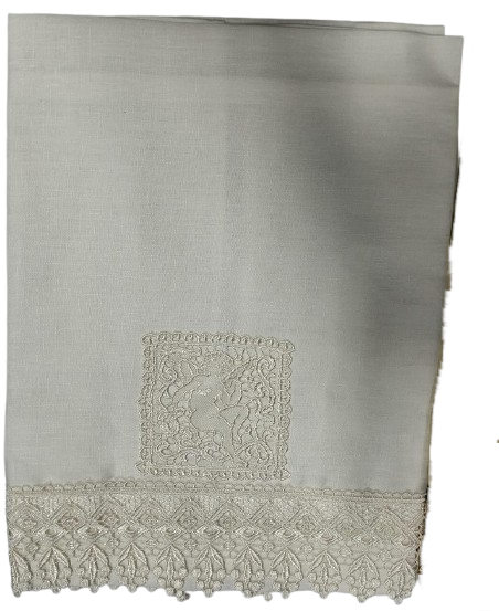Asciugamano Coppia 1+1 Lino Naturale Pizzo Valenciennes Ricamo a Mano Assorbente