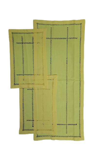 Tris Centrini Misto Lino Giallo Ricamo Antico Sfilato Decorazione Casa Gigliuzzo