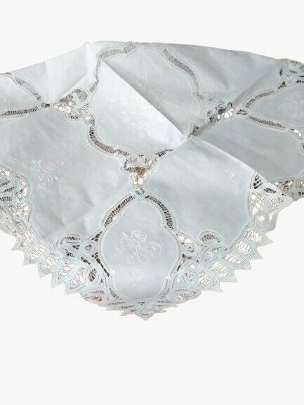 Servizio tè Centro quadratoMisto Lino Bianco Dentelle 90x90cm Pizzo Fatto Mano