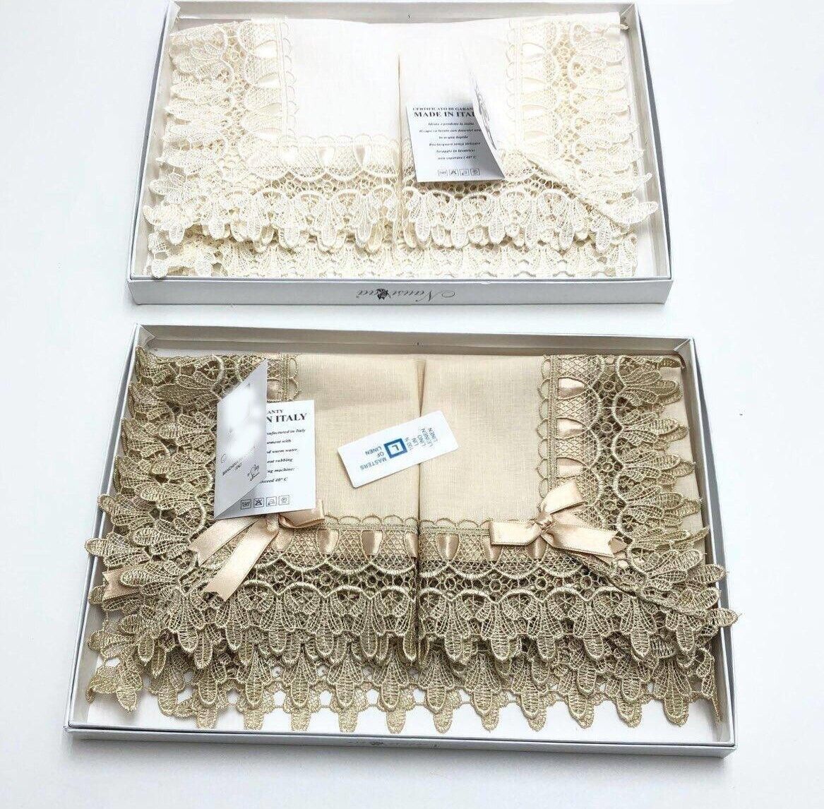 Tris centrini 3 pezzi in misto lino con pizzo macrame\' elegante Made in Italy