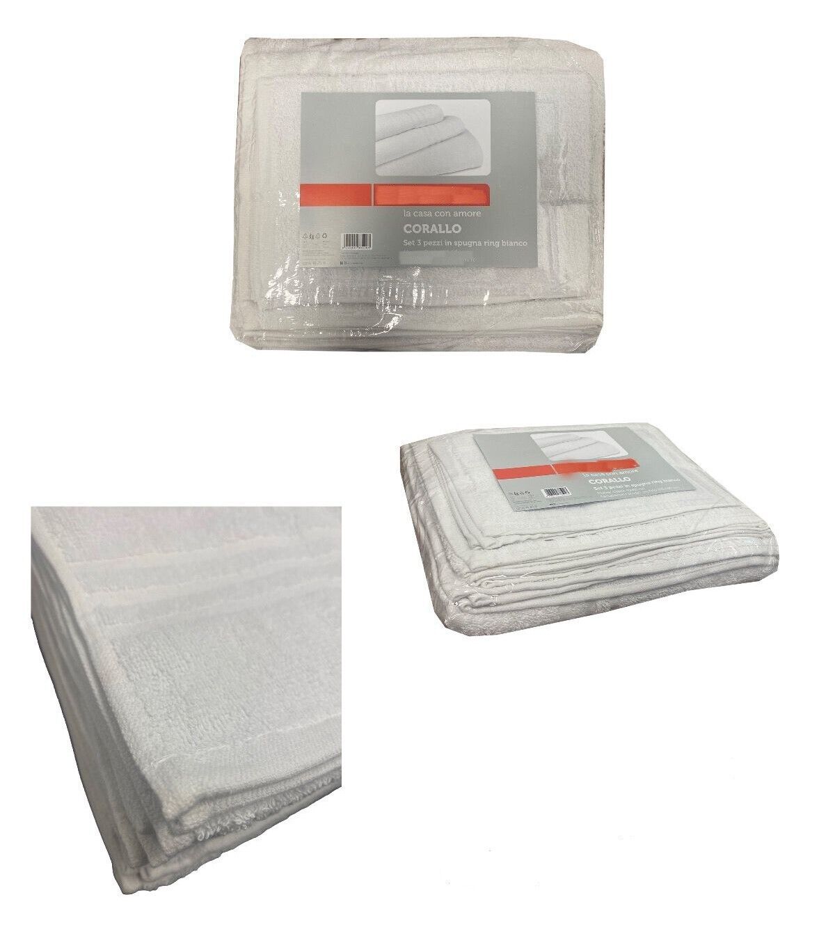 Set 3 pz Asciugamani Ospite Telo bagno  Tappeto Bagno Spugna Bianco Morbido