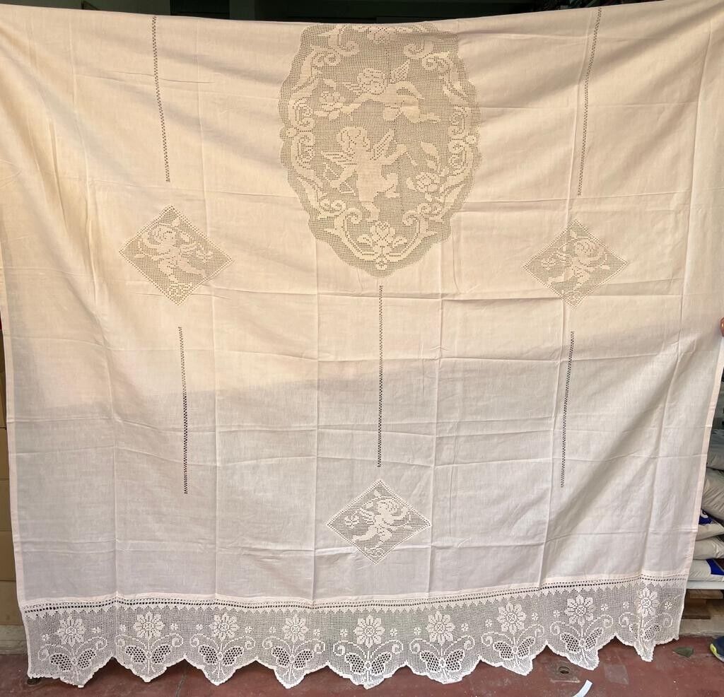Tenda in Puro Lino con ricamo ad Uncinetto ed Intaglio a Mano Beige cm 210x300cm