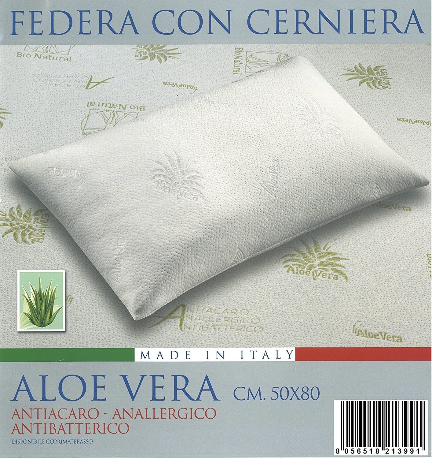 Federe Copriguanciale 4 pezzi Aloe vera Zip cerniera Anallergico 50x80 cm