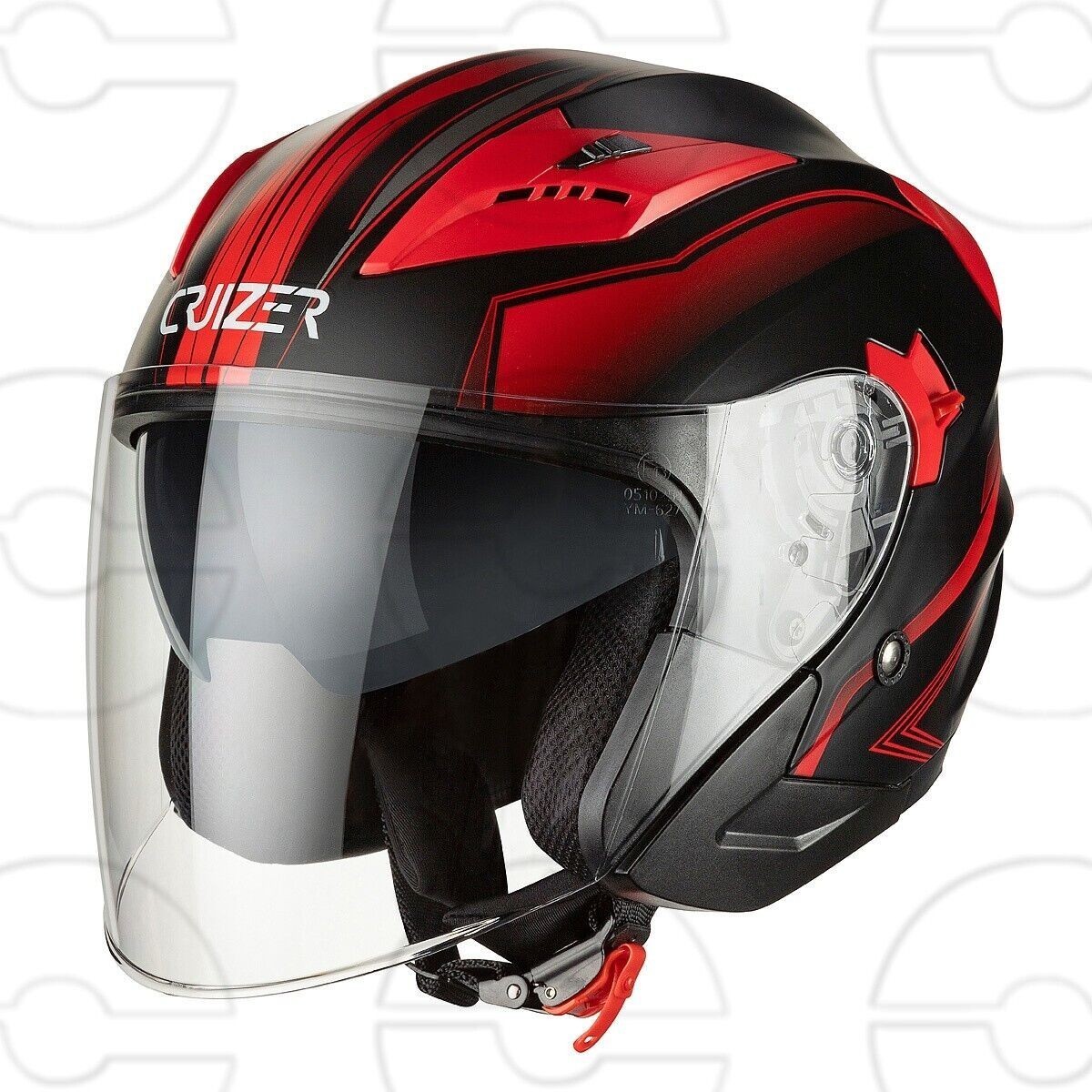 Cruizer Casco Jet Moto Scooter Omologato Doppia Visiera Sole Nero Opaco Rosso
