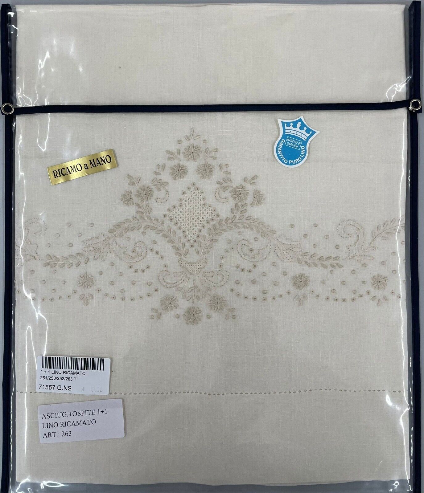 Asciugamano 70x105cm Puro Lino Coppia 1piu\'1 Ospite 35x55cm Ricamo a mano Ecru\'