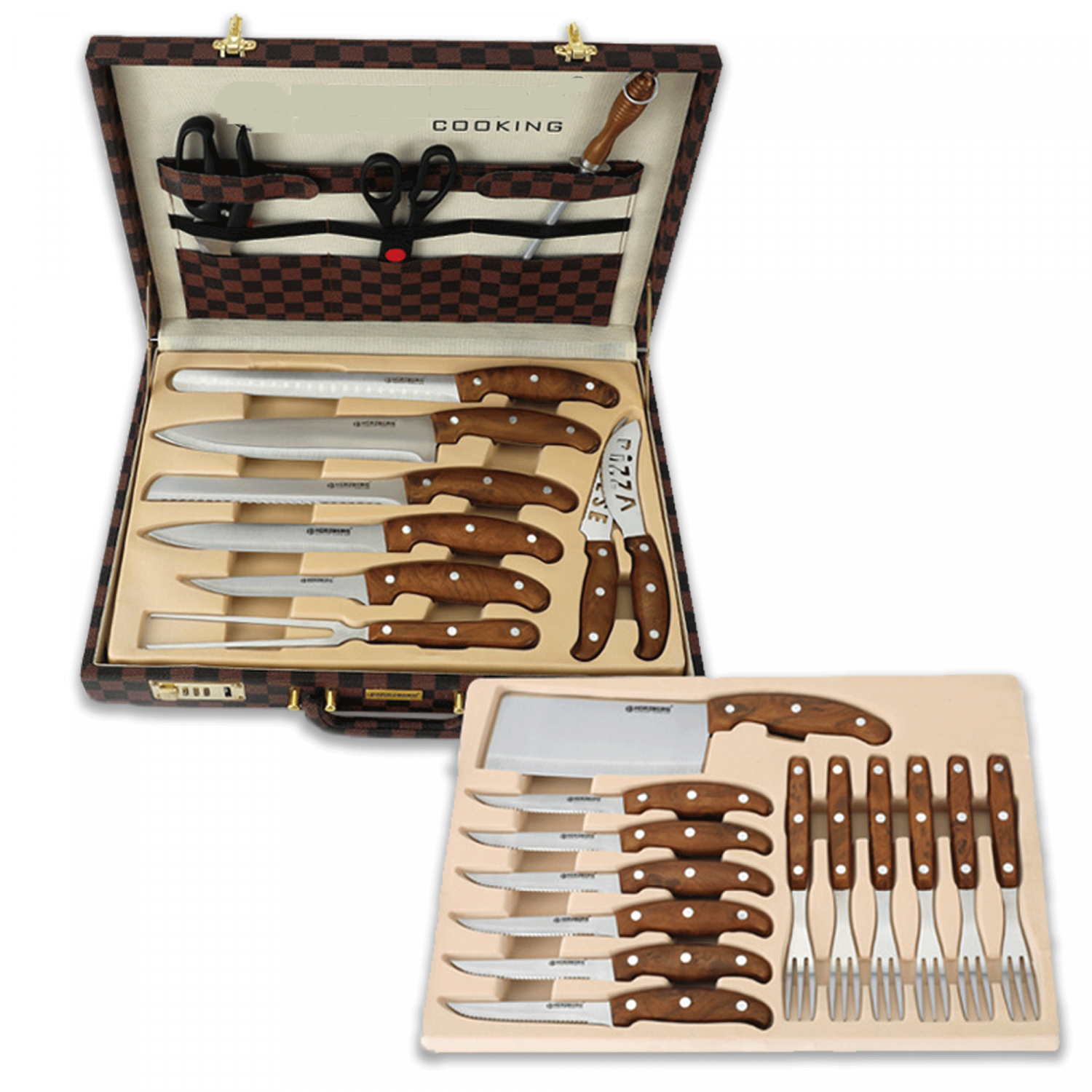 Set Coltelli Posate 25 pezzi Alta Qualita\' Acciaio Inossidabile Manico in Noce