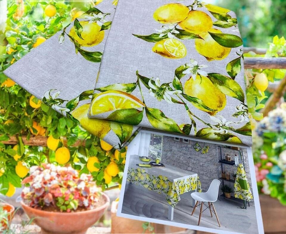Tovaglia da Tavola Cucina x12 Pers. Tessuto Twill Stampa Digitale Limoni Sicilia