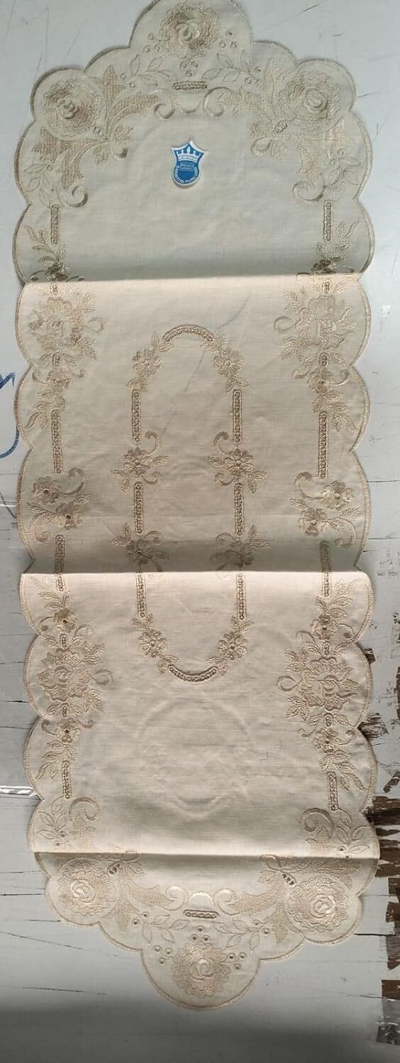 Centrotavola Runner Copritavolo Puro Lino Intaglio Beige 40x120cm Ricamo a Mano