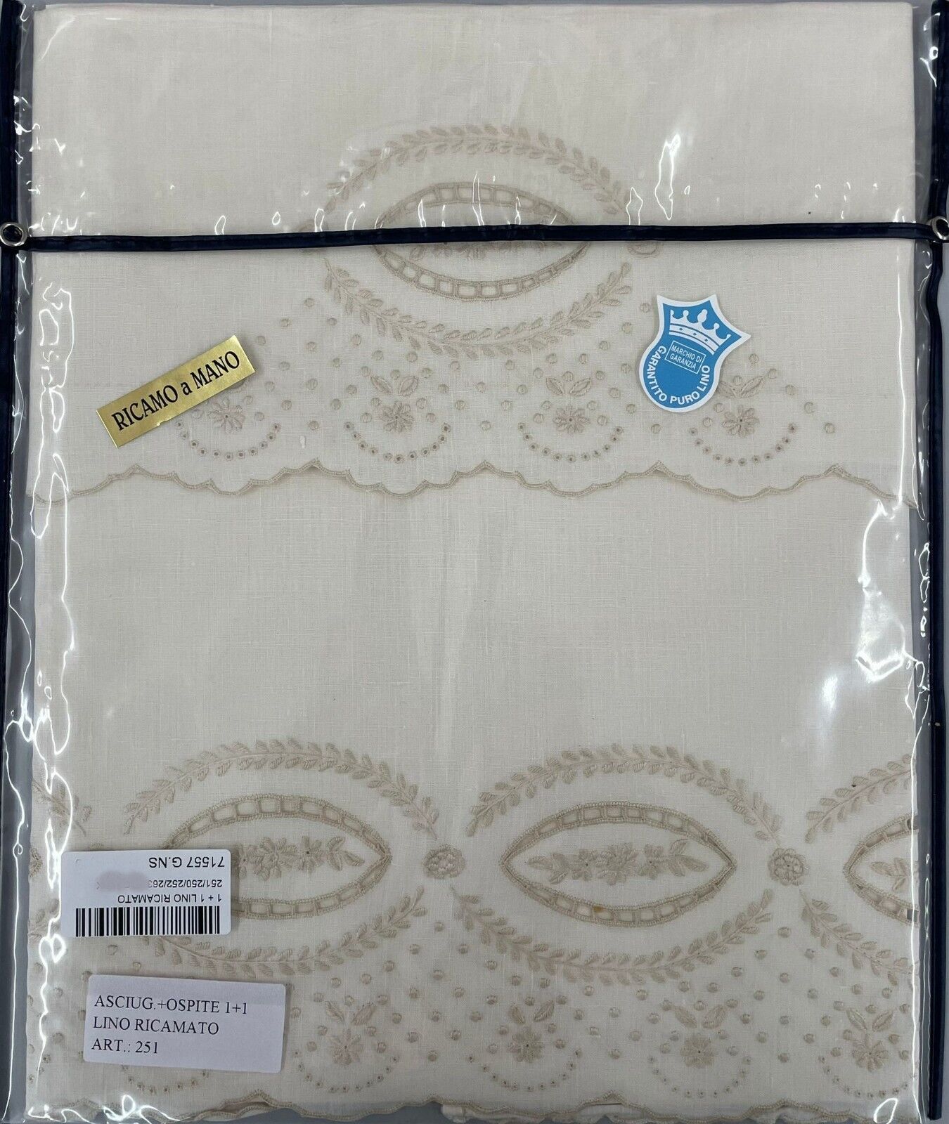 Asciugamano 70x105cm Puro Lino Coppia 1piu\'1 Ospite 35x55cm Ricamo a mano Ecru\'