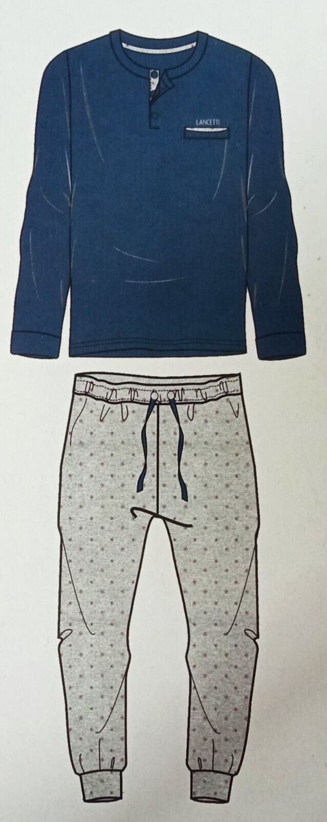 Pigiama Uomo Cotone Manica Pantalone Lungo Girocollo a Bottoni Blu Grigio