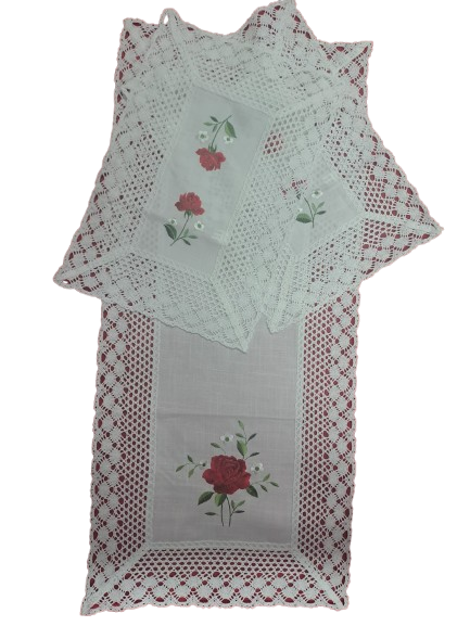 Centro Tavola  Tris Centrini Runner Cotone Misto Lino Bianco Ricamo Rose Rosse