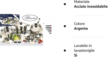 Batteria Pentole Bavaria 23 Pezzi Acciaio/Inox 18/10 con Set